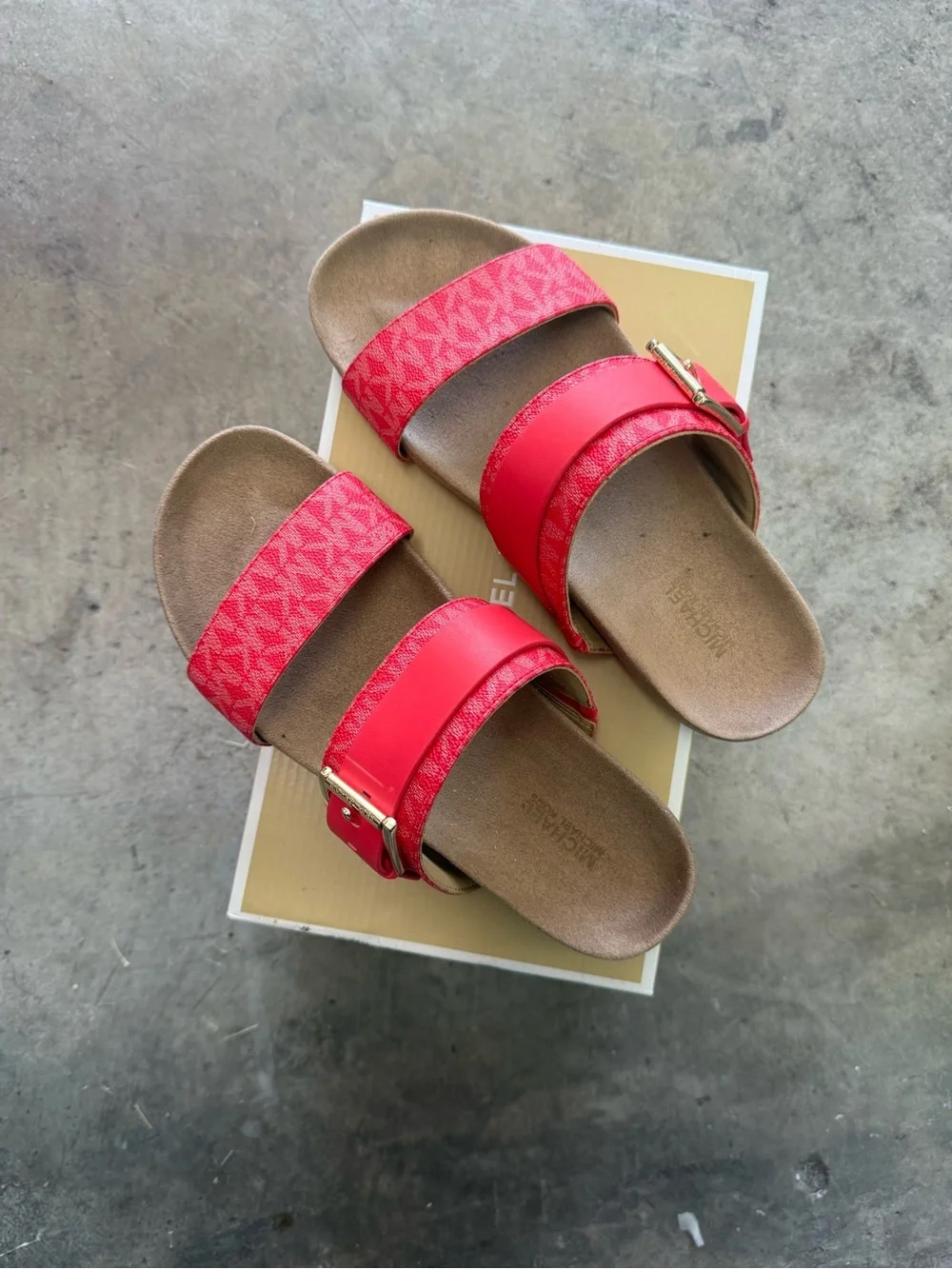 Michael Kors Red MYLAH SANDAL Dual-Strap Slide Sandals with Gold Buckles NWT